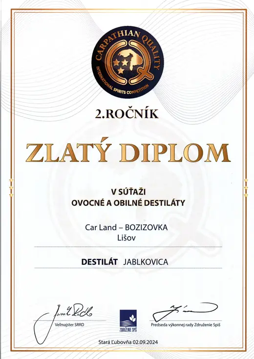 Diplom: Jablkovice - zlatý diplom 2024 - CARPATHIAN QUALITY