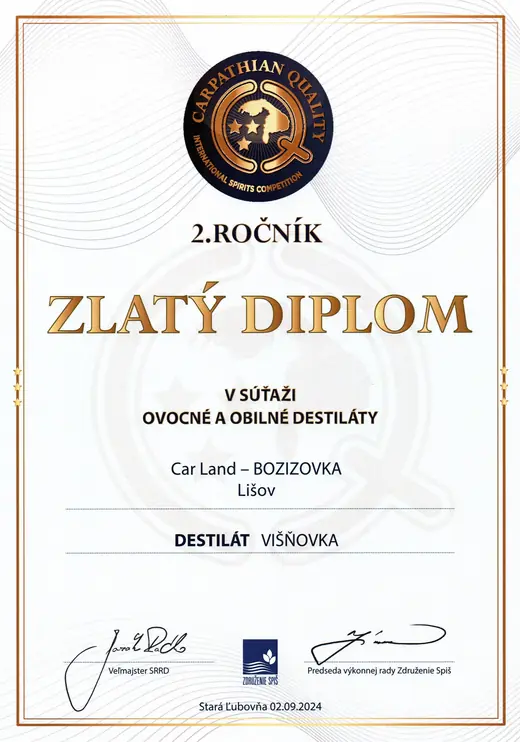 Diplom: Višňový likér - zlatý diplom 2024 - CARPATHIAN QUALITY