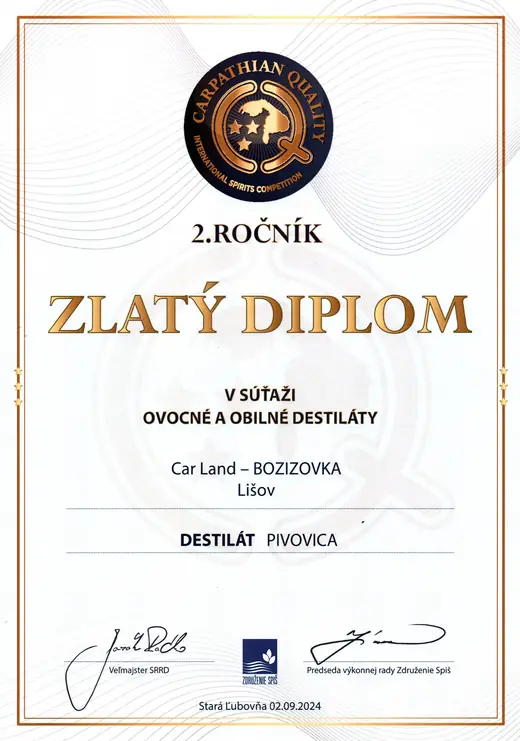 Diplom: Pivovice - zlatý diplom 2024 - CARPATHIAN QUALITY