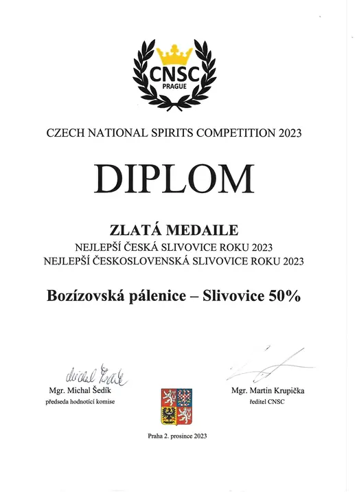 Diplom: Slivovice roku 2023 - zlatá medaile