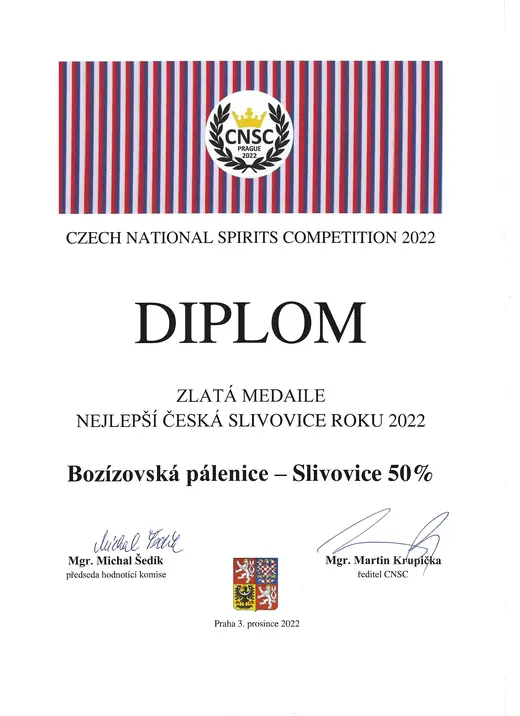 Diplom: Slivovice roku 2022 - zlatá medaile