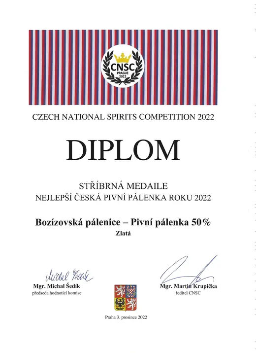 Diplom: Zlatý pivní destilát roku 2022