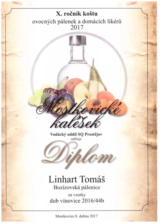 Diplom: 2017 Vínovice - zlatá, pálený dub