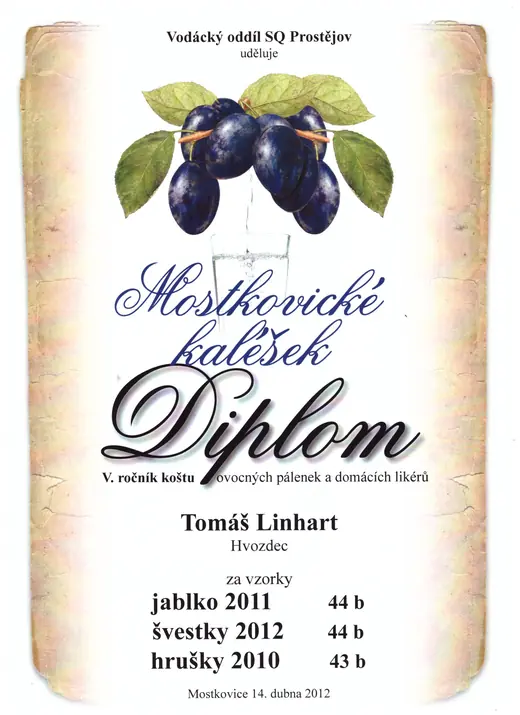 Diplom: 2012 Slivovice / Jablkovice / Hruškovice