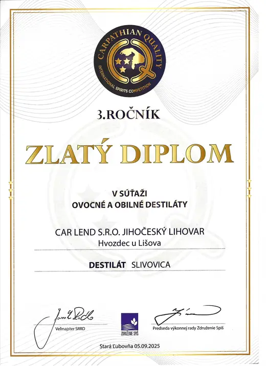 Diplom: Slivovice — zlatý diplom, Carpathian Quality 2025