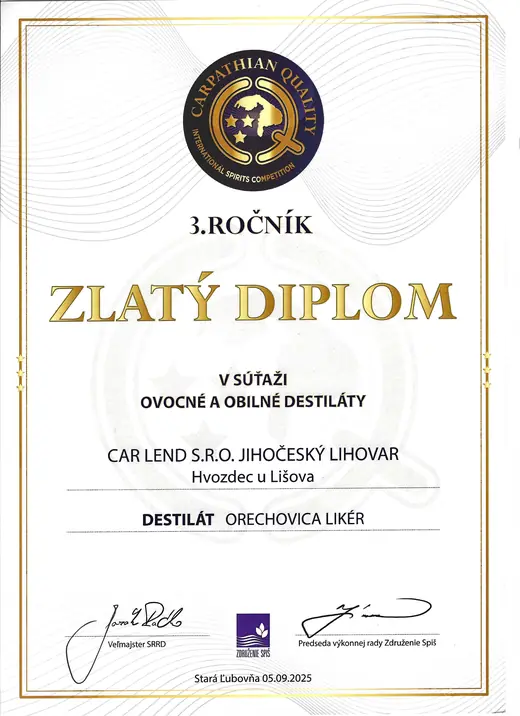 Diplom: Ořechový likér — zlatý diplom, Carpathian Quality 2025